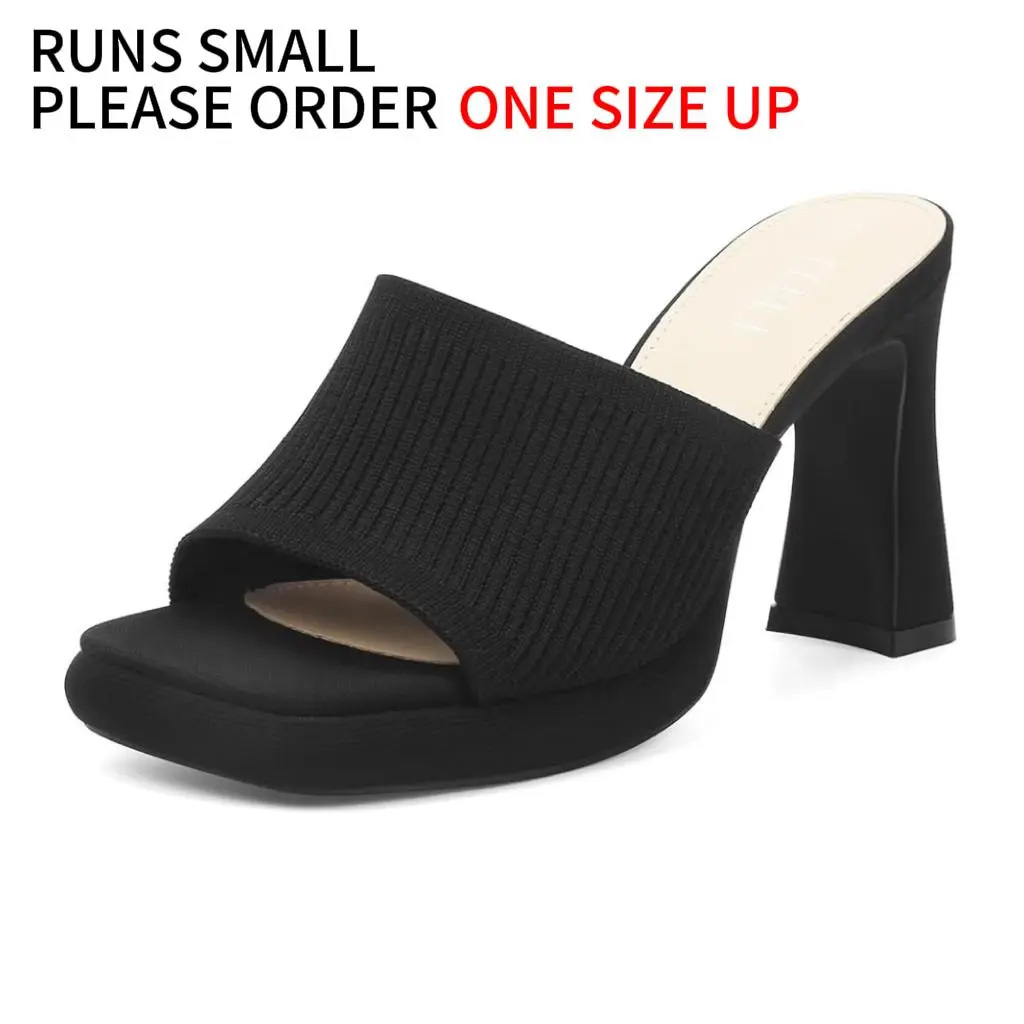 MUSSHOE Women's Chunky Block Heel Platform Sandals, Open Toe Slip-On Mules, Faux Leather Height Increasing Footwear, Open Toe Sandals, Height Increasing Women's Sandals