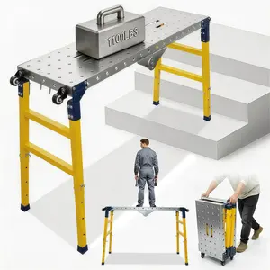 47 x 14 in Scaffolding Work Platform with Wheels, 1100 lb | Foldable Galvanized Steel Scaffold Platform With Adjustable 23–35 In Height For Painting, Construction, Maintenance