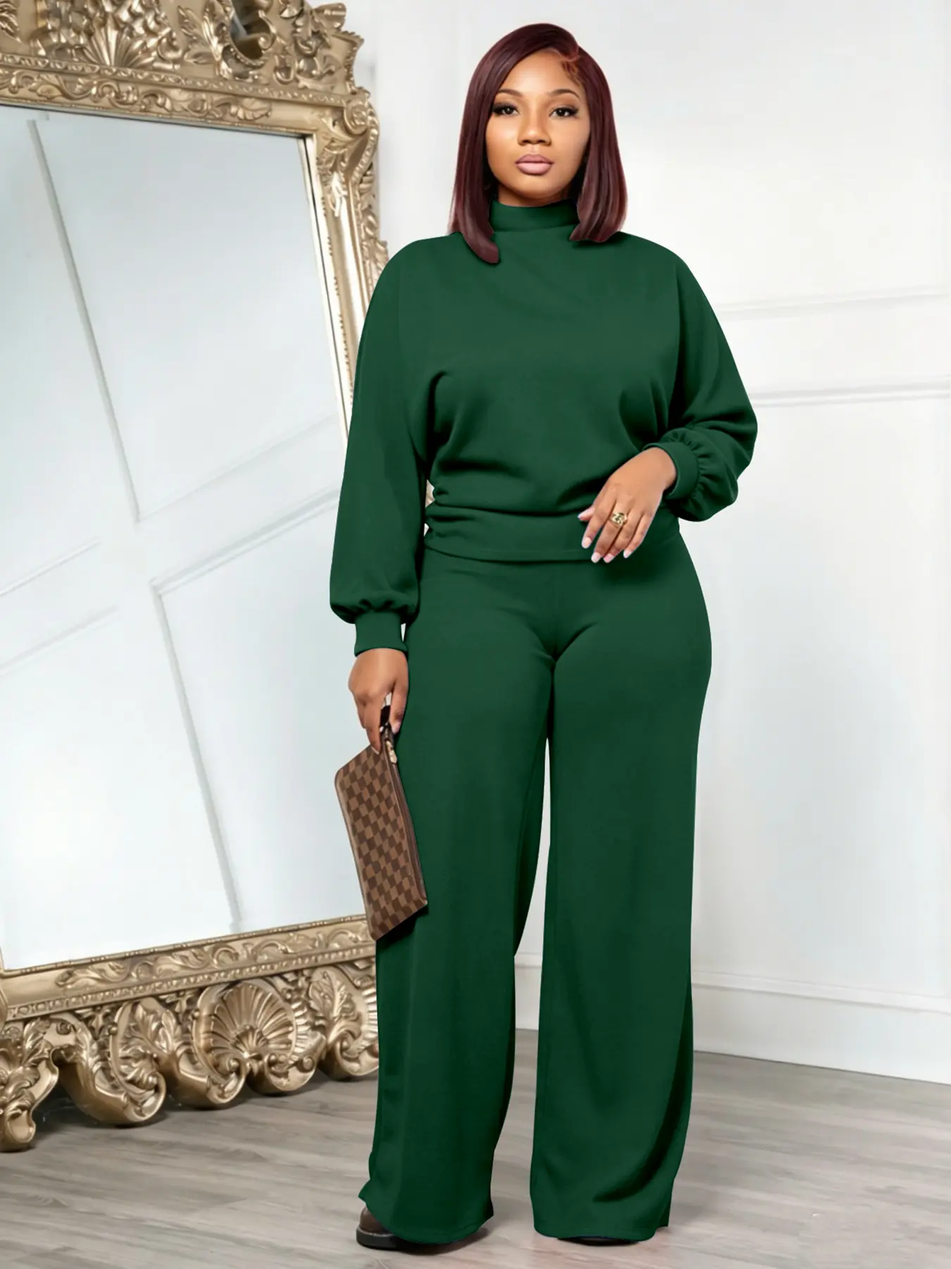 USBoutiqueCHIC Women's 2026 Chic Fall Winter Silky Soft 2-Piece Set - Long Sleeve Semi High Neck Loose Top & Wide Leg Pants, Casual Cozy Outfit for Daily Wear