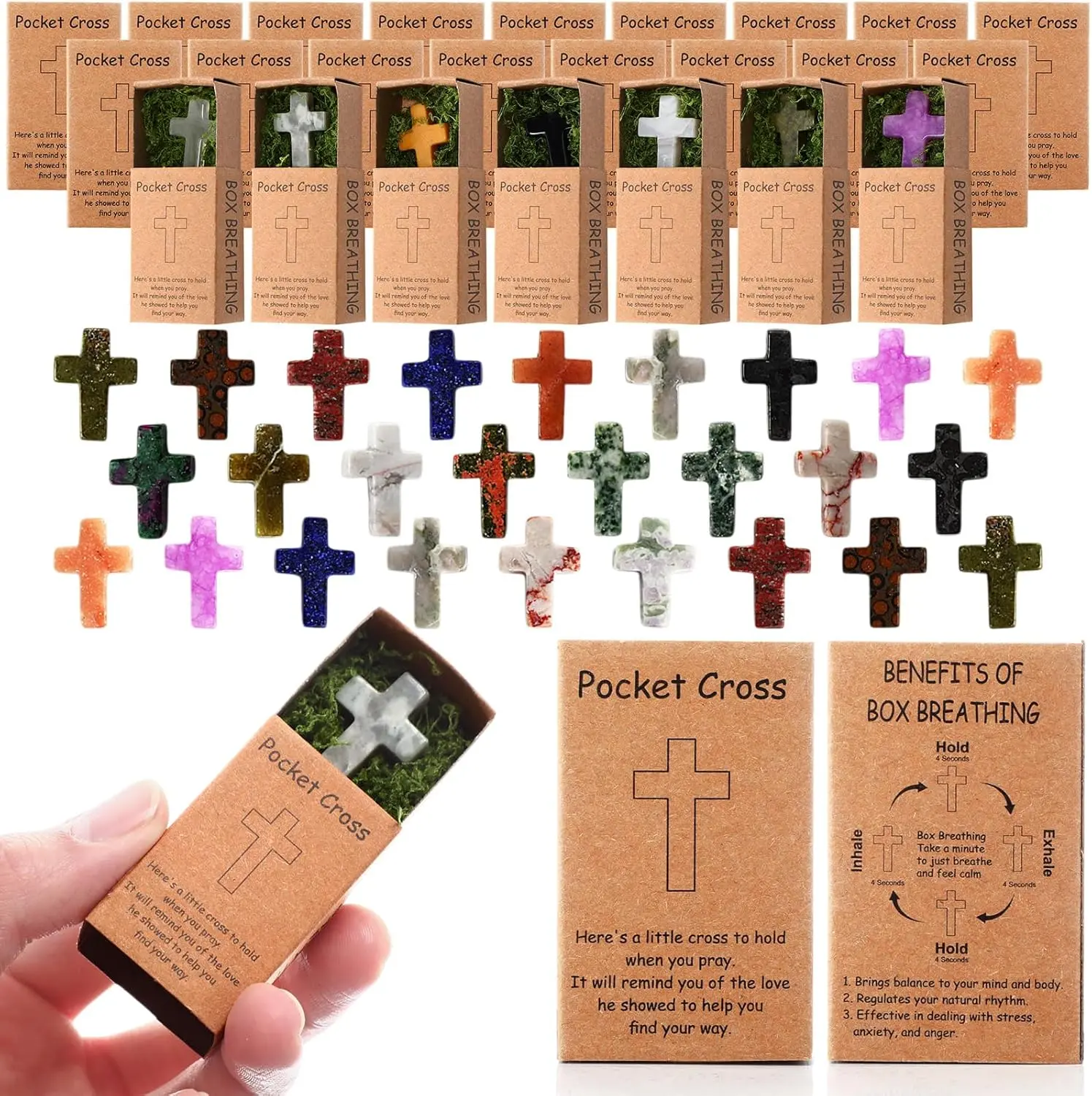 50-Set Boxed Moss Cross Charms - Small Hand-Polished Multicolor Natural Crystal Pocket Ornaments, Christian Faith Prayer Aid, Room Decor Accessories, Christmas Baptism Religious Gift Sets with Boxes