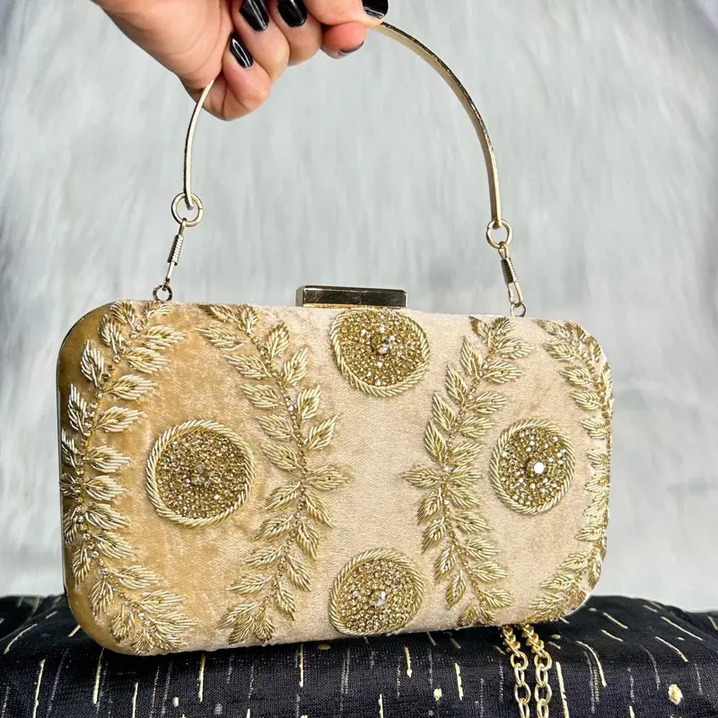 Elegant Embroidered Clutch Bag with Beaded Leaves and Round Motifs Gold Velvet Handbag for Special Occasions