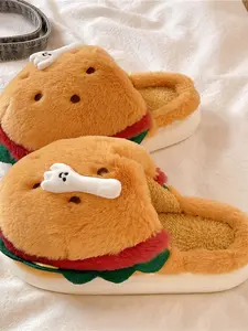 Cute Burger Plush Slippers, Unisex Fun Food Design, Soft Puffy Non-Slip Indoor Shoes, Creative Gift for Family and Friends