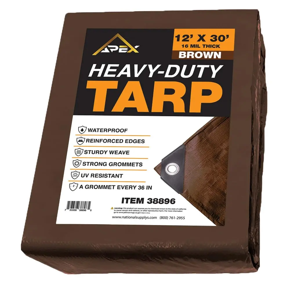 16-Mil Thick Heavy-Duty Brown Plastic Polyethylene Tarp - UV-Resistant, Waterproof, Heat-Sealed, Reinforced Edges Cover for Home Roof, Patio (Home Supplies Rain Cloth), Rainproof