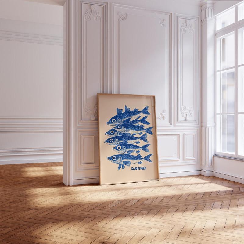 Blue Sardine Print | Blue Fish Print | Sardine Kitchen Print | Retro Sardines Wall Art | Seafood Coastal Kitchen Print | Sardine Art Print | Unframed – 5 Size, 8x12 to 27x40 inch