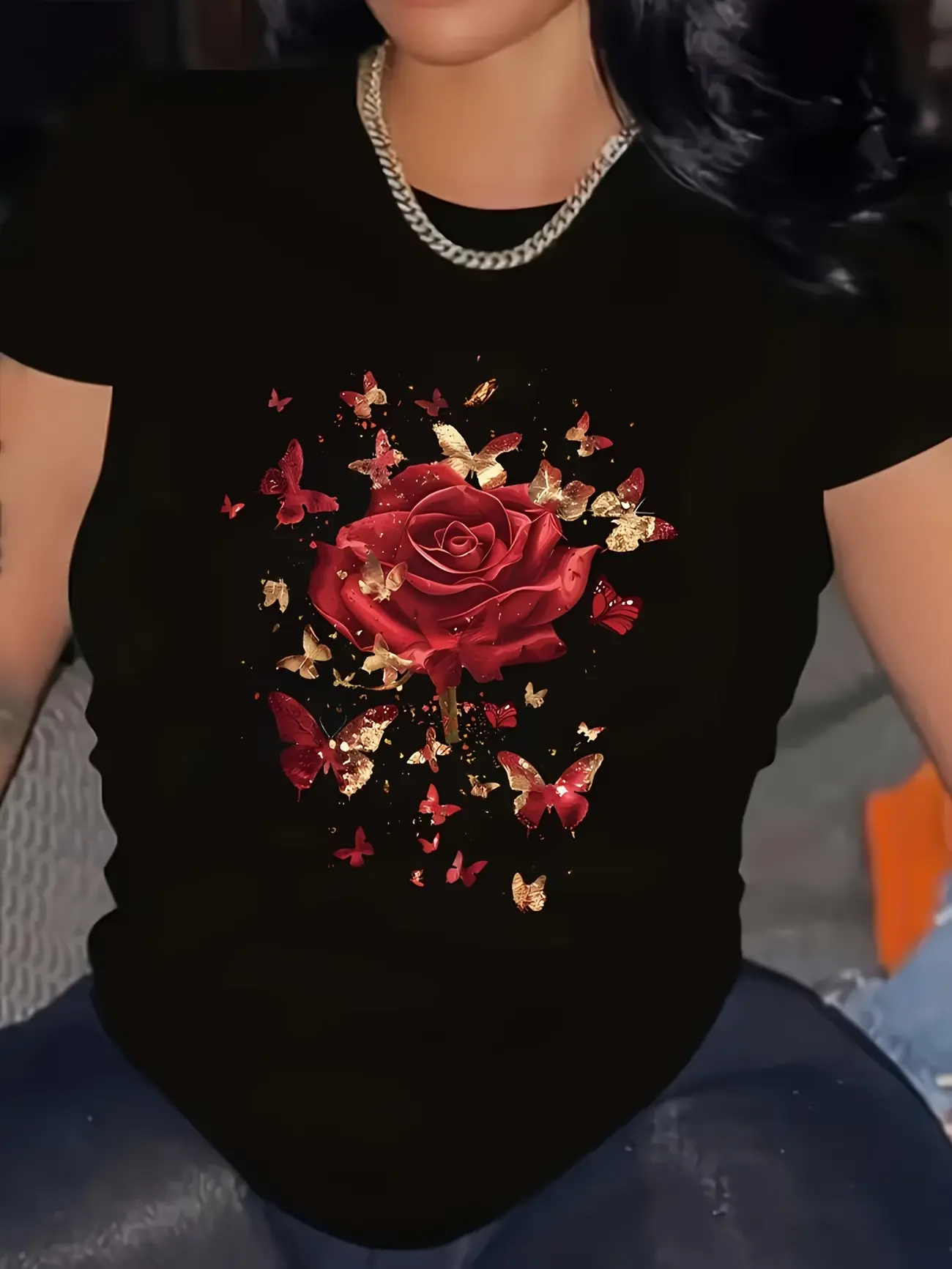 Rose Floral Print Crewneck T‑shirt, Suitable for All Seasons