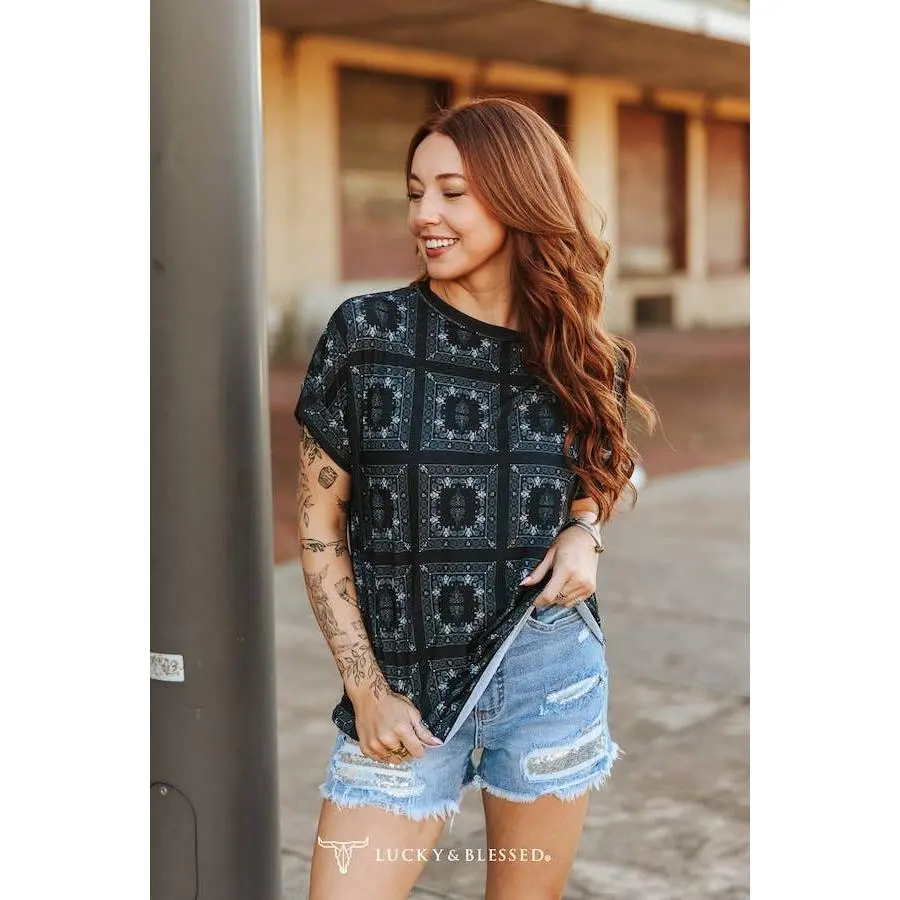 LUCKY & BLESSED Black Western Bandanna Print Rolled Cuff Short Sleeve Top