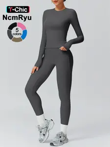 Women's Sportswear Two-Piece Set Round Neck Slim-Fit Long Sleeve Design Comfortable Dual-Layer Fabric Hidden Elastic Waistband