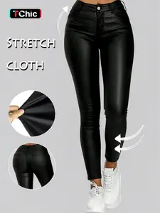 Gilipur Women's Low-Waisted Elasticity Skinny Pants, PU Y2K Streetwear, Coated Pencil Pants, Vers