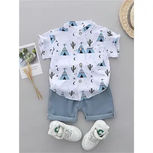 Boys' Pattern T-Shirt And Shorts Set - Casual, Non-Stretch, Short Sleeve Top with Pyramid And Cactus Design. Light Shorts, Sneakers, Outdoor