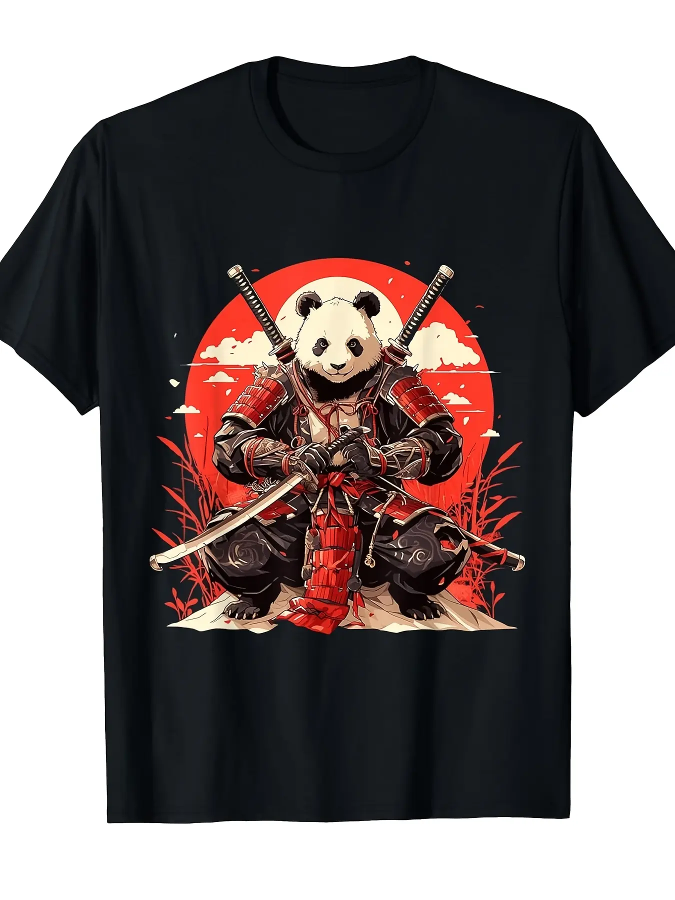 Men's Japanese Anime Samurai Panda Ninja T-Shirt - unisex soft cotton short sleeve t shirt, vintage graphic casual tee for men women teens, perfect birthday holiday gift for camping travel gym daily street  wear