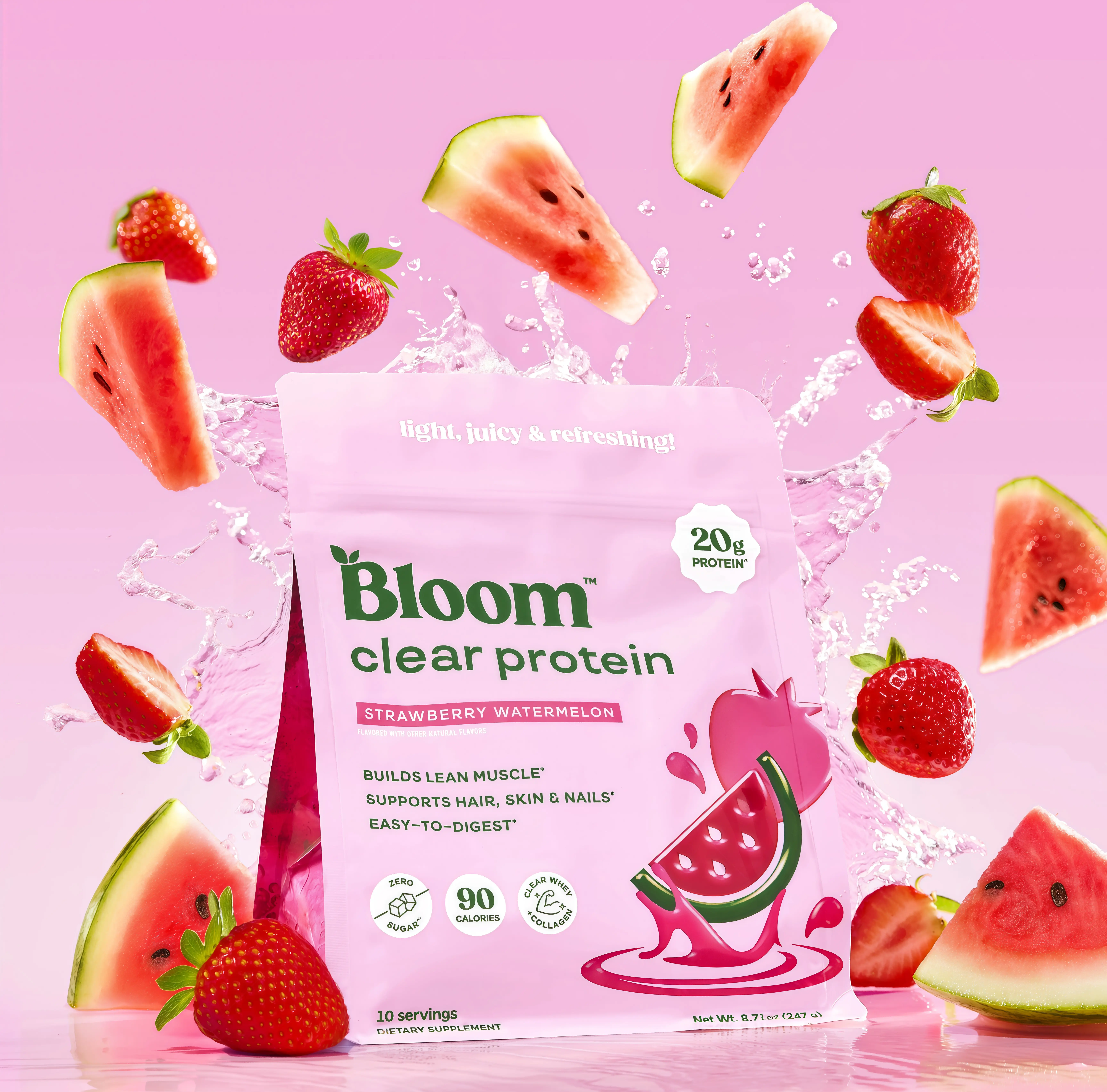 Bloom Nutrition Clear Protein Powder, LH Strawberry Watermelon Flavor, 20g Whey Collagen Protein, Zero Sugar, 90 Calories, 10 Servings