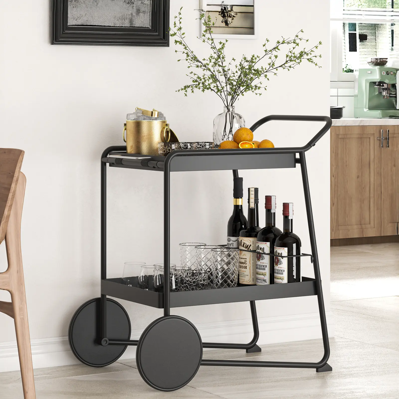 Black Rectangle Bar Cart - 2-Tiered Alloy Steel Sturdy Multi-Purpose Home Organizer with Extra-Large Wheels, Removable Tray, Wine Rack, Rolling Storage for Coffee, Food, Entryway Use
