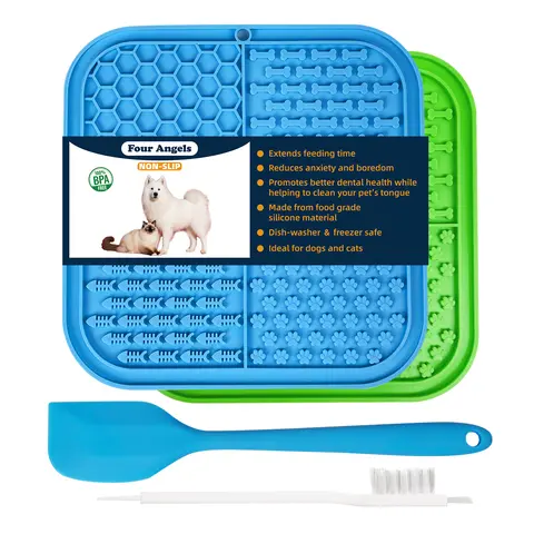 MSD Square Dog & Cat Textured Lick Mat Bowl, 8in x 8in BPA-Free Durable Suction Dual-Purpose Feeding Tray, Anxiety Relief for Bathing, Dental Care & Fresh Breath Pet Supply (Blue & Green)