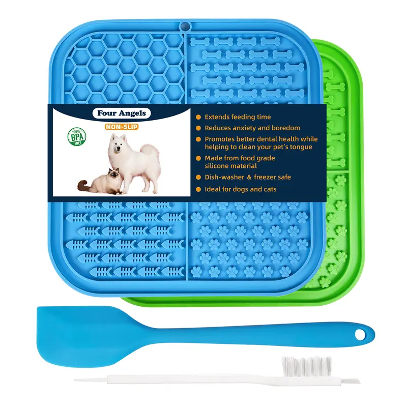 MSD Square Dog & Cat Textured Lick Mat Bowl, 8in x 8in BPA-Free Durable Suction Dual-Purpose Feeding Tray, Anxiety Relief for Bathing, Dental Care & Fresh Breath Pet Supply (Blue & Green)