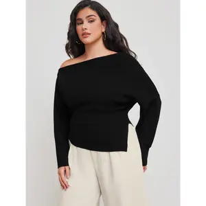 Cider [size 12/14-24] Knitted Asymmetrical Neck Solid Ruched Split Sweater Curve & Plus