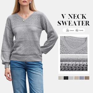 Shewin Cozy Openwork Knit V-Neck Sweater Women's Long Sleeve Pullover for Daily & Office Wear Trendy Crochet Design Cable Knit Pattern Comfortable Fit - Tops