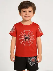 Boys' Spider Pattern Printed Round-Neck Short-Sleeved Suit, Casual And Daily Wear, Comfortable And Well-Fitting, Suitable For Playing And Going To School