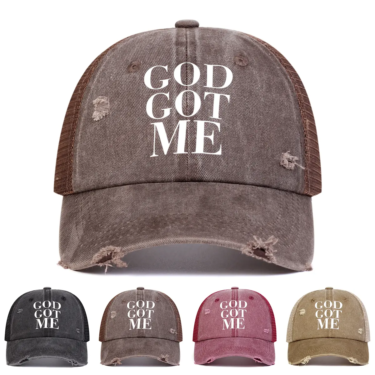 Adjustable Letter GOD GOT ME Embroidered Wash Mesh Hat Baseball Cap Trucker Hat for Casual Outdoor Use, Unisex Sun Protection