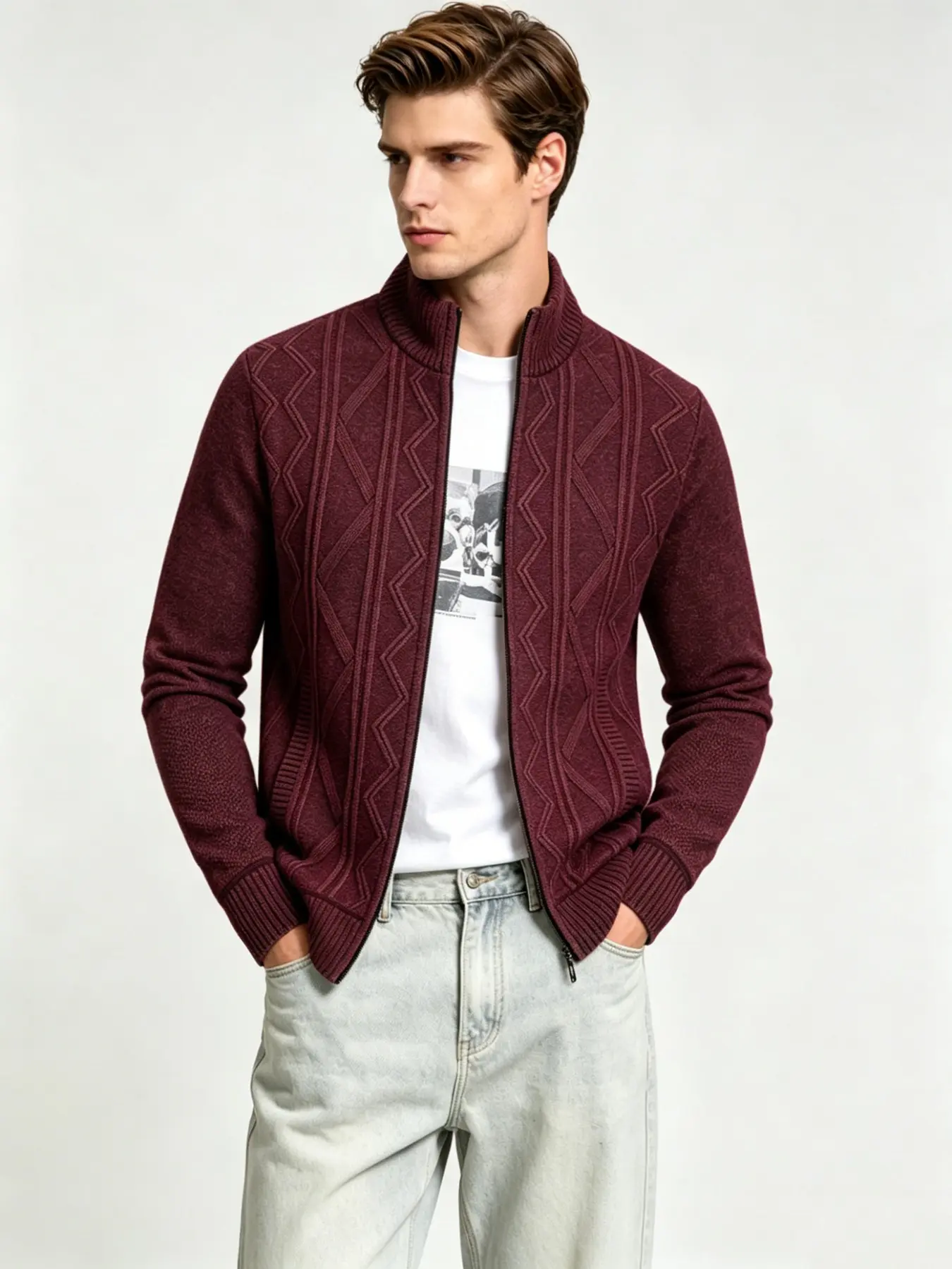 Men's Stand Collar Zip Cardigan, Coffee Color Blend Fabric, Geometric Texture, Windproof Design, Long Sleeve, Fall & Winter Wear