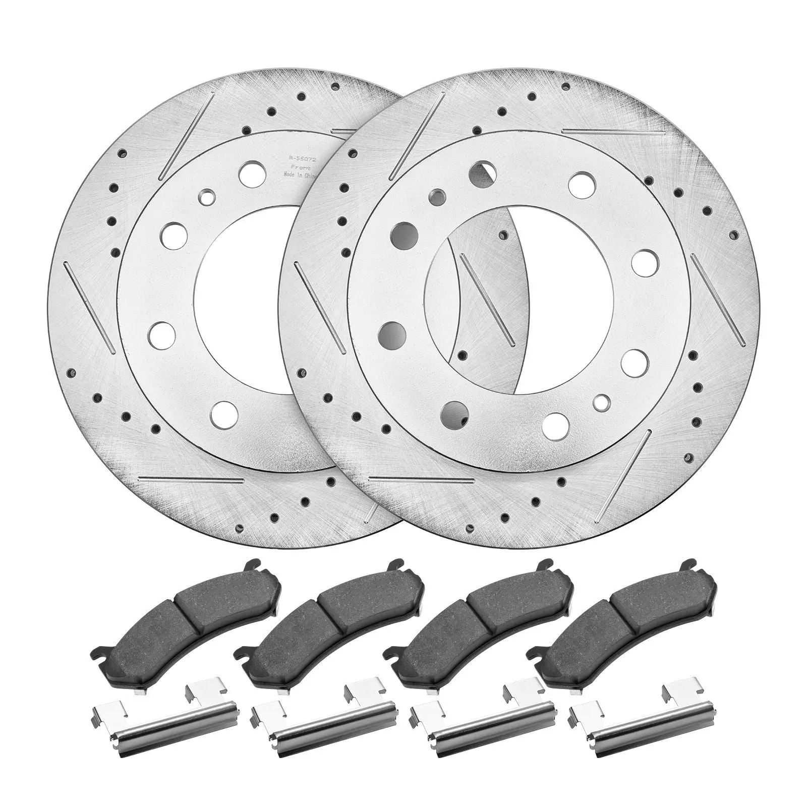 Front and Rear Brake Kit with Drilled and Slotted HT250 Cast Iron Rotors and Low Dust Ceramic Pads, Anti Rust Coating, Fits 2002-2006 Chevy Avalanche 2500 and 2002-2004 Silverado 2500 8 Lug, Rotary Pad Set Rotors, Front And Rear Set Components & Parts