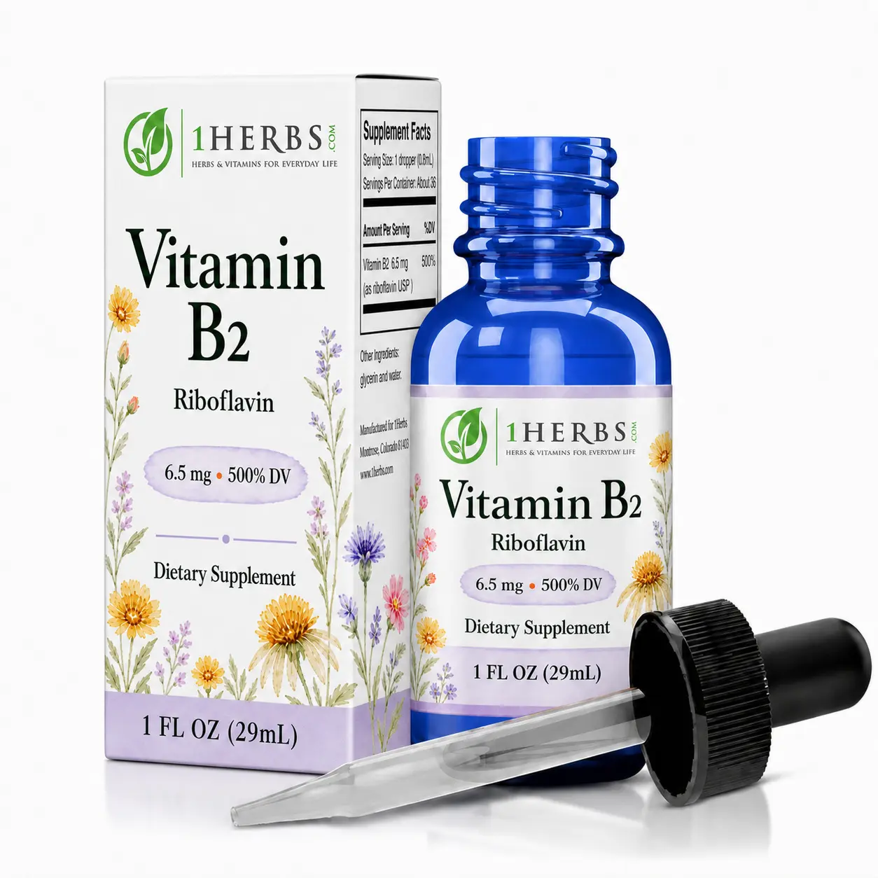 1Herbs Liquid Vitamin B2 Riboflavin Drops, 500% Daily Value, Alcohol-Free Vegan Supplement, 1 fl oz