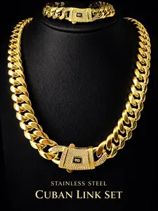 Stainless Steel Long 20" 8mm 24” Bracelet 8” 12mm Gold Tone Premium Cuban Link Chain Set – Hip Hop Necklace Streetwear Statement Jewelry