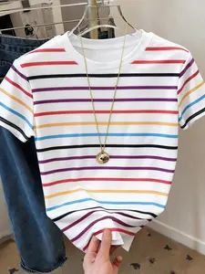 Colorful Striped Round Neck Short Sleeve T-Shirt, Tops, American Retro Style, Breathable Fabric, Casual Daily Wear, Dopamine Dressing