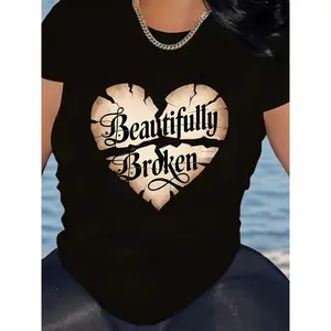 Exquisite Broken Heart Pattern Top, Comfortable Round Neck Polyester Fabric, Machine Washable, All-Season Wear