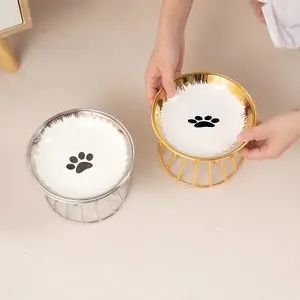 Ceramic Pet Bowl with Iron Frame, 1 Set Anti-knock Cat Food Bowl with Frame, High Foot Pet Feeding Bowl, Pet Supplies for Dogs & Cats