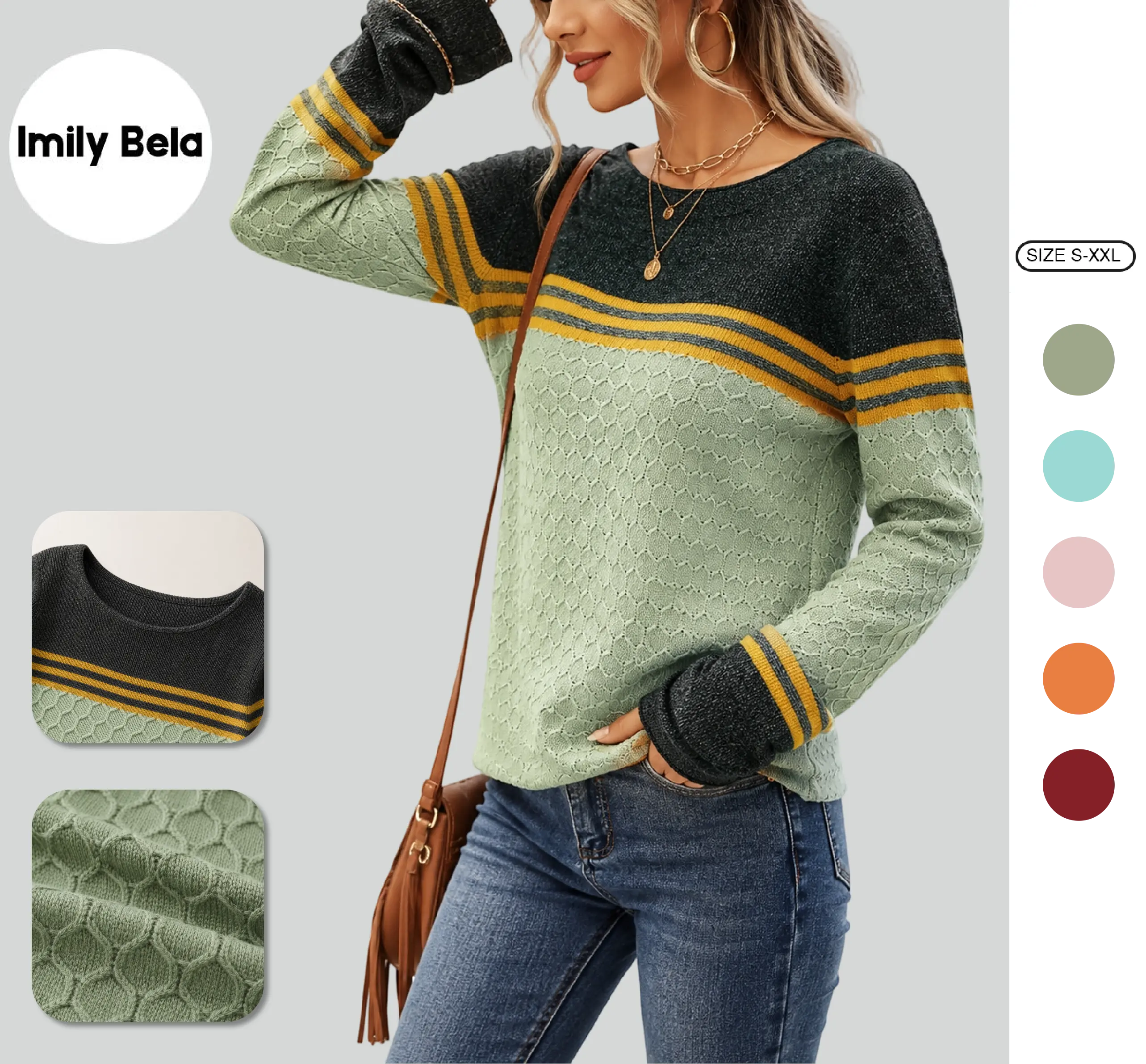 Women’s Color Block Cable Knit Sweater, Crew Neck Long Sleeve Pullover with Contrast Stripes, Casual Lightweight Knit Jumper Top for Fall Winter Daily Wear