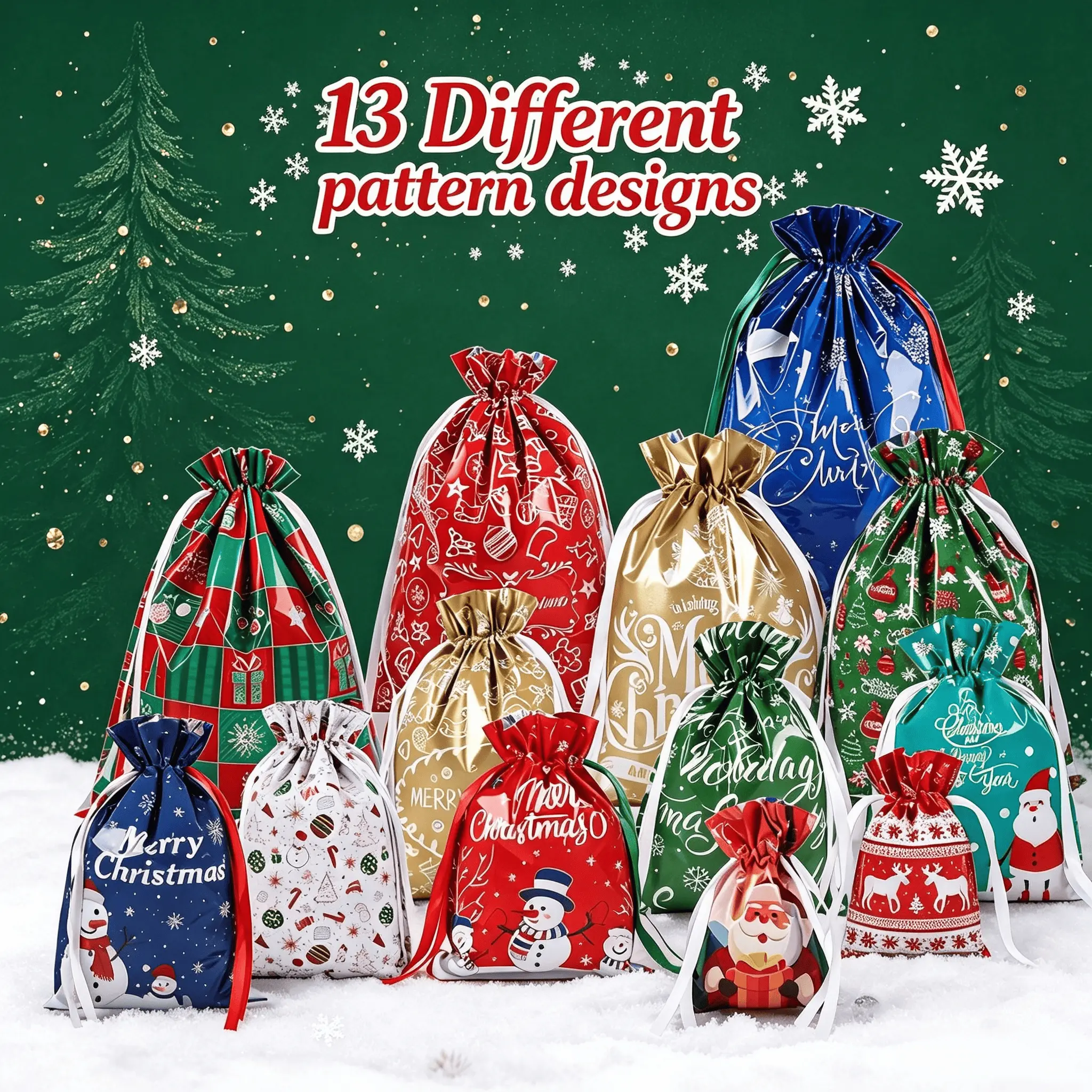 Unisex Reusable Waterproof Christmas Drawstring Gift Bags Set (52PCS, 13 Unique Labeled Designs) - ABS-Enhanced Stocking Stuffers, Bonfire Wedding Gift Wrapping Party Bags for Holiday Home Supplies