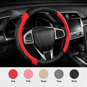 PU Leather Steering Wheel Cover, 14.5-15 in Universal Fit for Car, Truck, SUV, Breathable Anti-Slip Sport 4-Stitch Black & Red Design, Durable Auto Parts Accessories for Car Interior