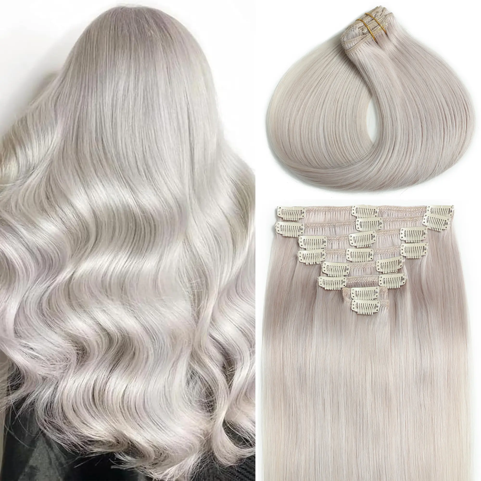 Platinum Silver Clip In Hair Extensions Real Human Hair Invisible Fit Seamless Clip Ins Soft Remy Human Hair Clip In Extensions Invisible Natural Straight Seamless Clip On Hair Extensions 7pcs Double Weft