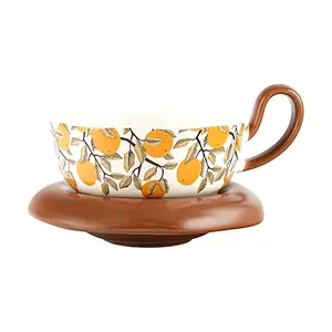 GLAZE STORY Yellow Ceramic Coffee Mug with Saucer - Drip Coffee Cup, Tea Cup, Water Mug for Home & Office