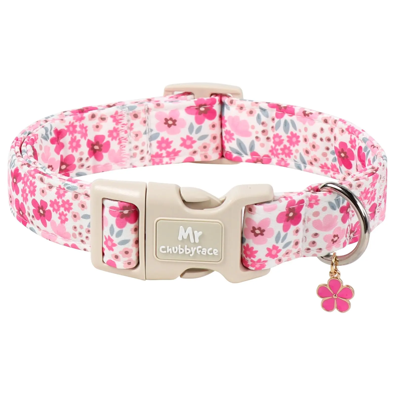 MR.CHUBBYFACE Pink Cotton Dog Collar - Spring-Summer Floral Print, Adjustable Soft Fabric, Quick-Release Plastic Buckle, Chew-Resistant, Universal Fit for Small, Medium, Large Dogs