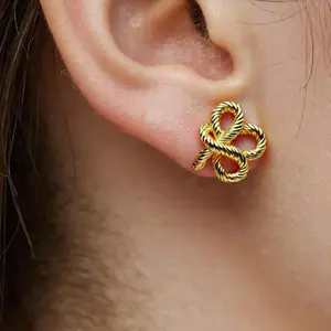 TikTok Viral Trendy 2026 18K Gold Plated Twisted Rope Knot Clover Stud Earrings Hypoallergenic Nickel Free No Tarnish Lightweight Dainty Fashion Jewelry For Women Girls Everyday Wear Office Party Holiday Birthday Anniversary Gift For Her Mom Girlfriend
