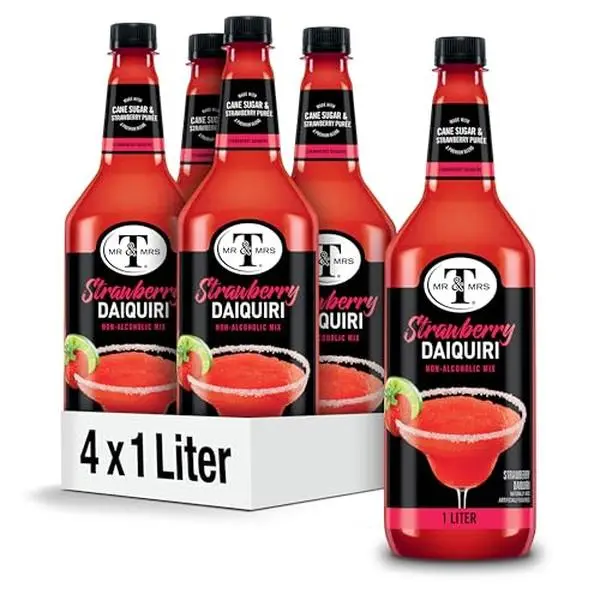 Mr & Mrs T Strawberry Daiquiri Margarita Mix, 1 L bottle (Pack of 4), Strawberry Flavored Cocktail Mixer, Made with Cane Sugar, Perfect for Strawberry