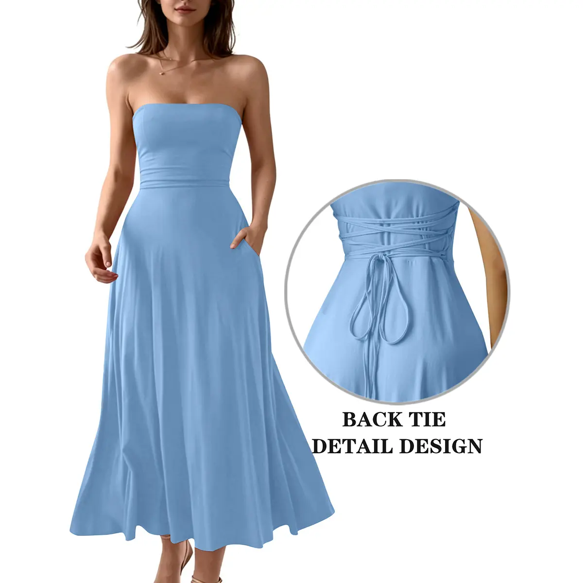 OYS Women's Elegant Strapless Tube Top A Line Solid Back Tie Waist Flowy Long Dress Wedding Guest Beach Party Long Dress with Pockets