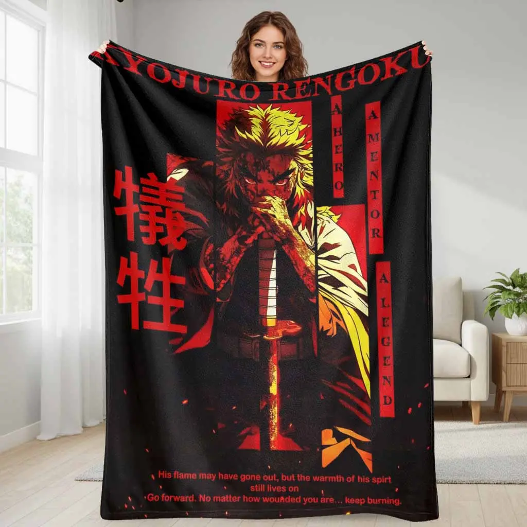 Rengoku Kyojuro Flame Fleece Blanket - Anime Manga Print, Super Soft, Cozy, Breathable, Lightweight, Wrinkle-Resistant, Durable, Warm, Ideal for Anime Fans, Home Decor, Holiday Gift, Anime Manga Print Blankets