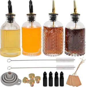 Syrup Dispenser Bottles Set of 4, Simple Syrup Bottle for Coffee Bar Accessories, 7 oz Glass Coffee Syrup Dispenser Syrup Containers for Maple Honey Syrup Oil, with Metal Pour Spouts & Labels