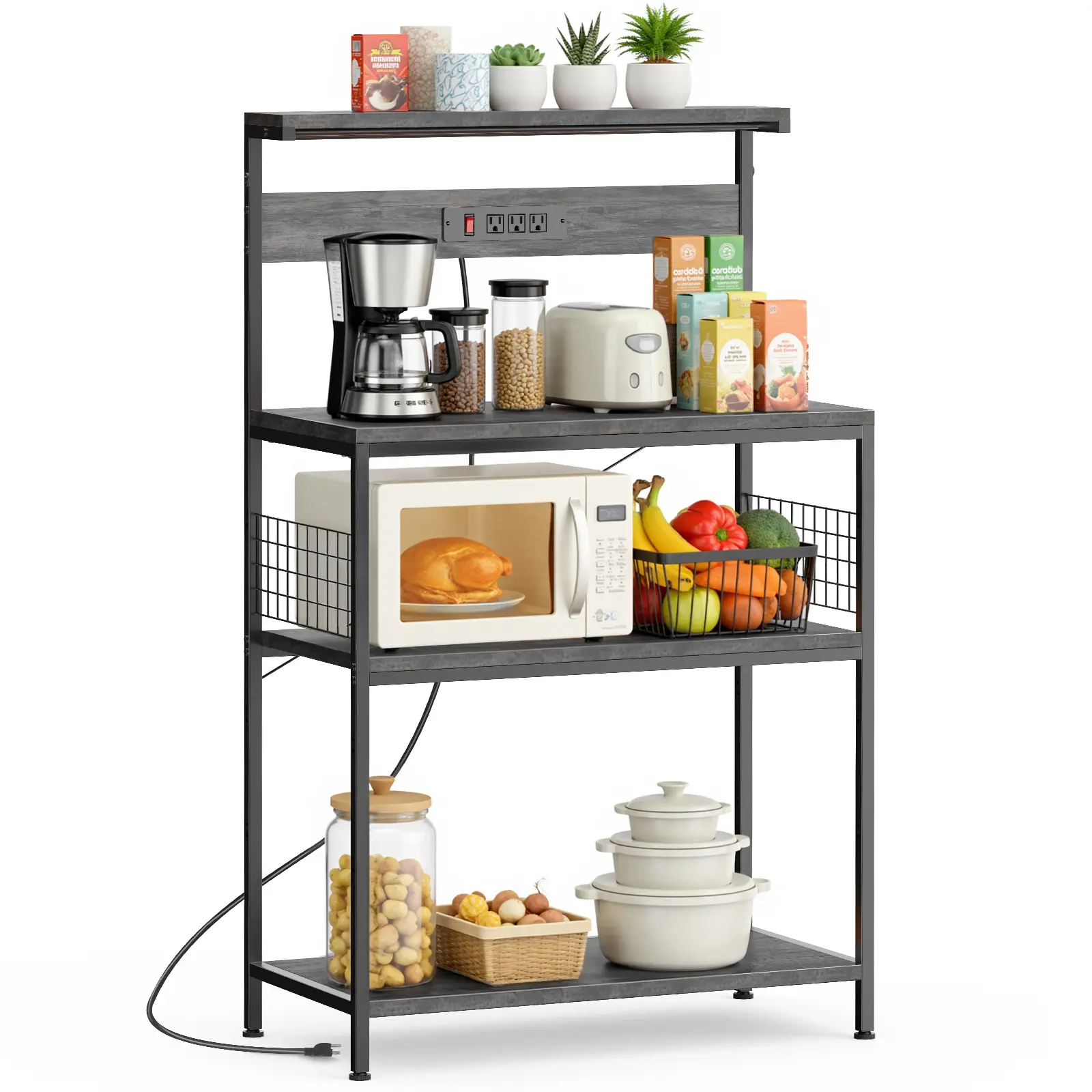 Farmhouse Kitchen Bakers Rack with Power Outlet - 4-Tier Adjustable Multi-Level Kitchen Furniture, 23.6" Adjustable Shelf for Microwave/Spices, Coffee Bar Appliance Organizer, Coffee Bar Or Snack Station