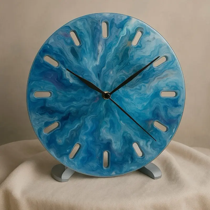 Custom-made Unbreakable Glass Clock with Blue Marble Design and Black Hands