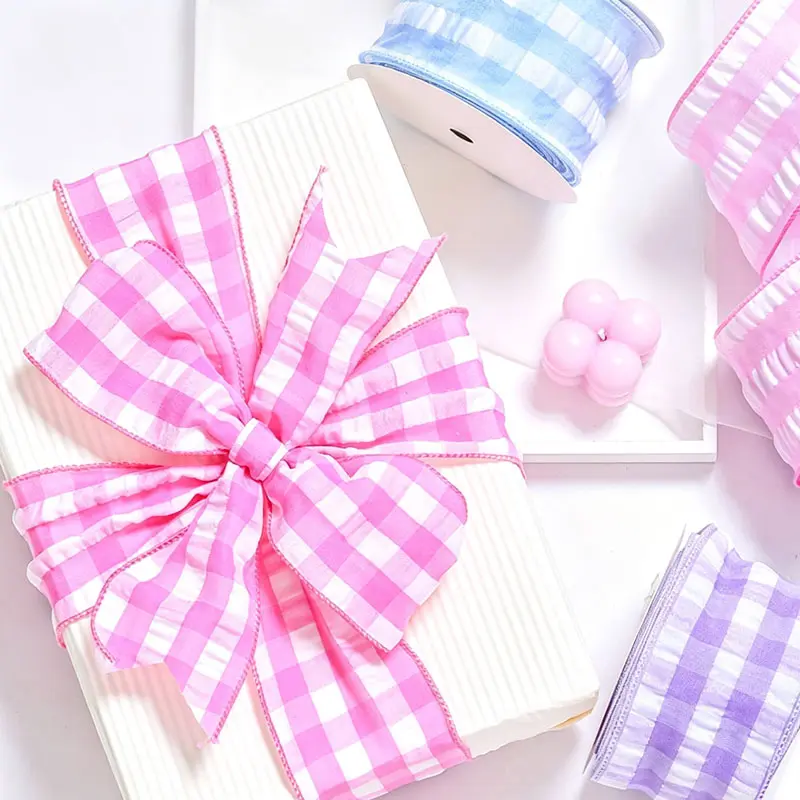 2.5" x 10 yd Pink and White Buffalo Plaid Wired Ribbon, Farmhouse Craft Ribbon for DIY Gift Wrapping, Wreath, Easter Tree Bow Decorations