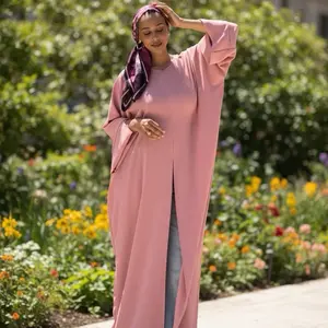 Rose Pink Slit Front Maxi Abayaa - Modest Cotton Daily Wear with V-Neck & Long Sleeve - Machine Washable for All Seasons