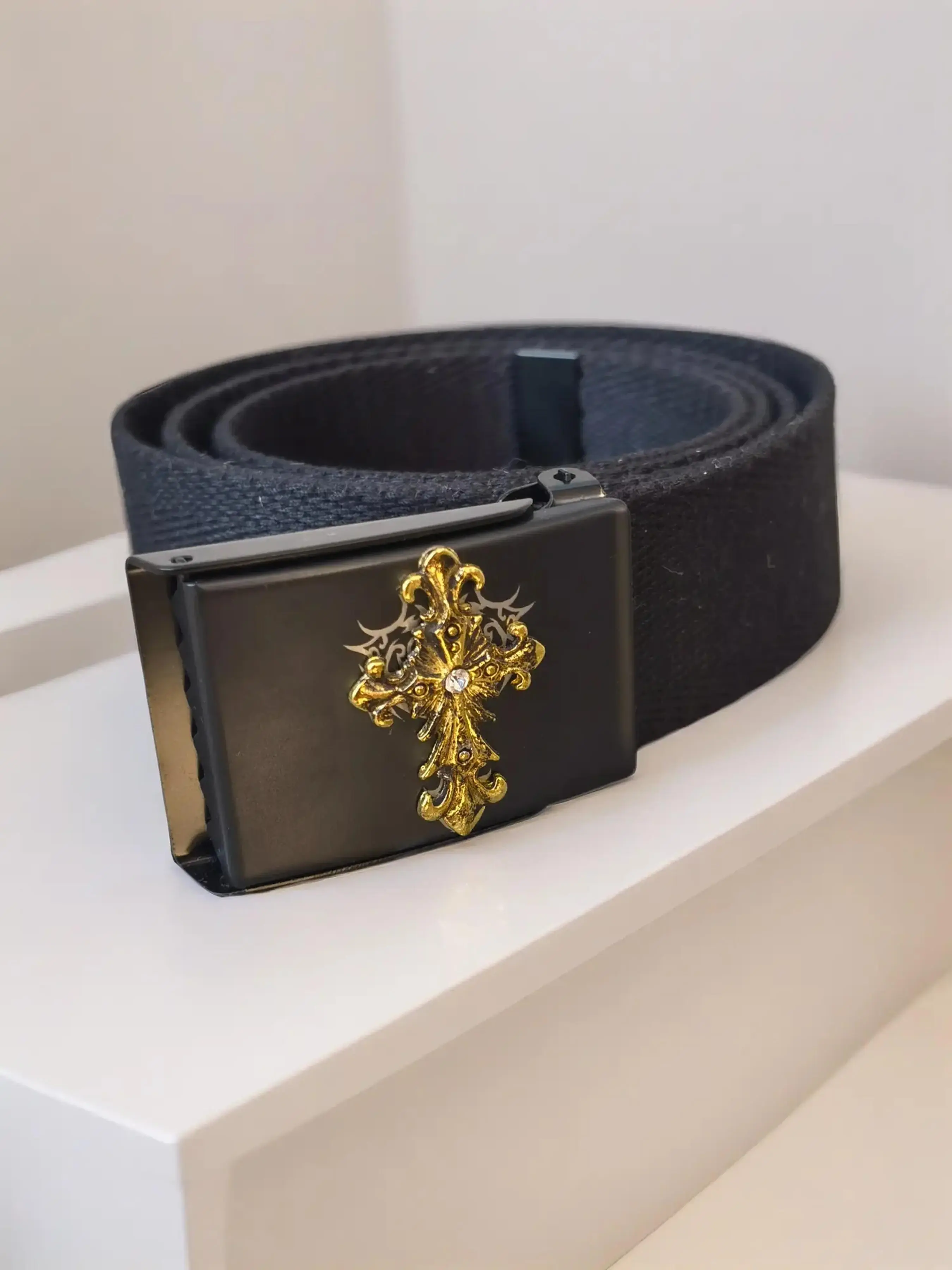 Unisex Waist Belt, Trendy Belt with Laser Cut Cross Patch, Detachable Buckle, Adjustable Strap, Punk Style, Suitable for Office, Entertainment, Outdoor, Punk Fashion Belt, Styling Cross Belt, Alt Belt, Design Belt