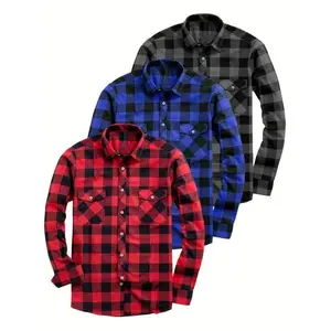3-piece set of plaid flannel shirt with long sleeved collar and button up T-shirt suitable for all seasons, made of synthetic silk fabric, wet clothes, plaid top, polyester, red, blue, dark gray