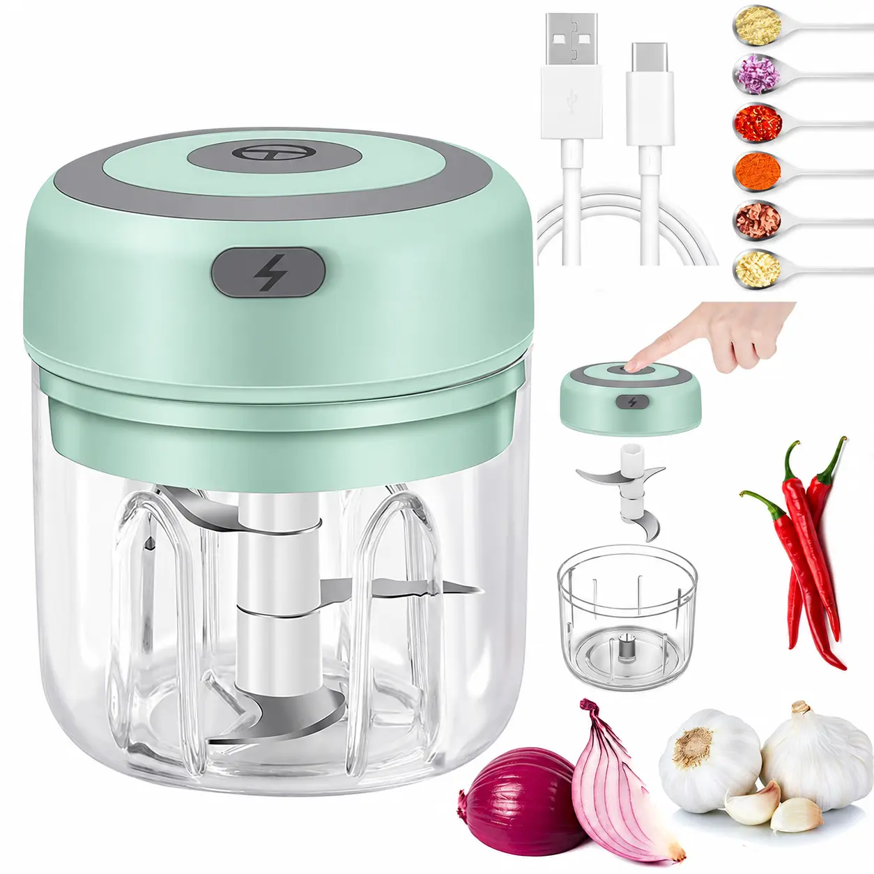 2/1 Packs USB Rechargeable Mini Food Choppers, 250ML Each, Cordless Electric Garlic Mincer with Stainless Steel Blades, Vegetable Chopper for Garlic, Onion, Ginger and Chili