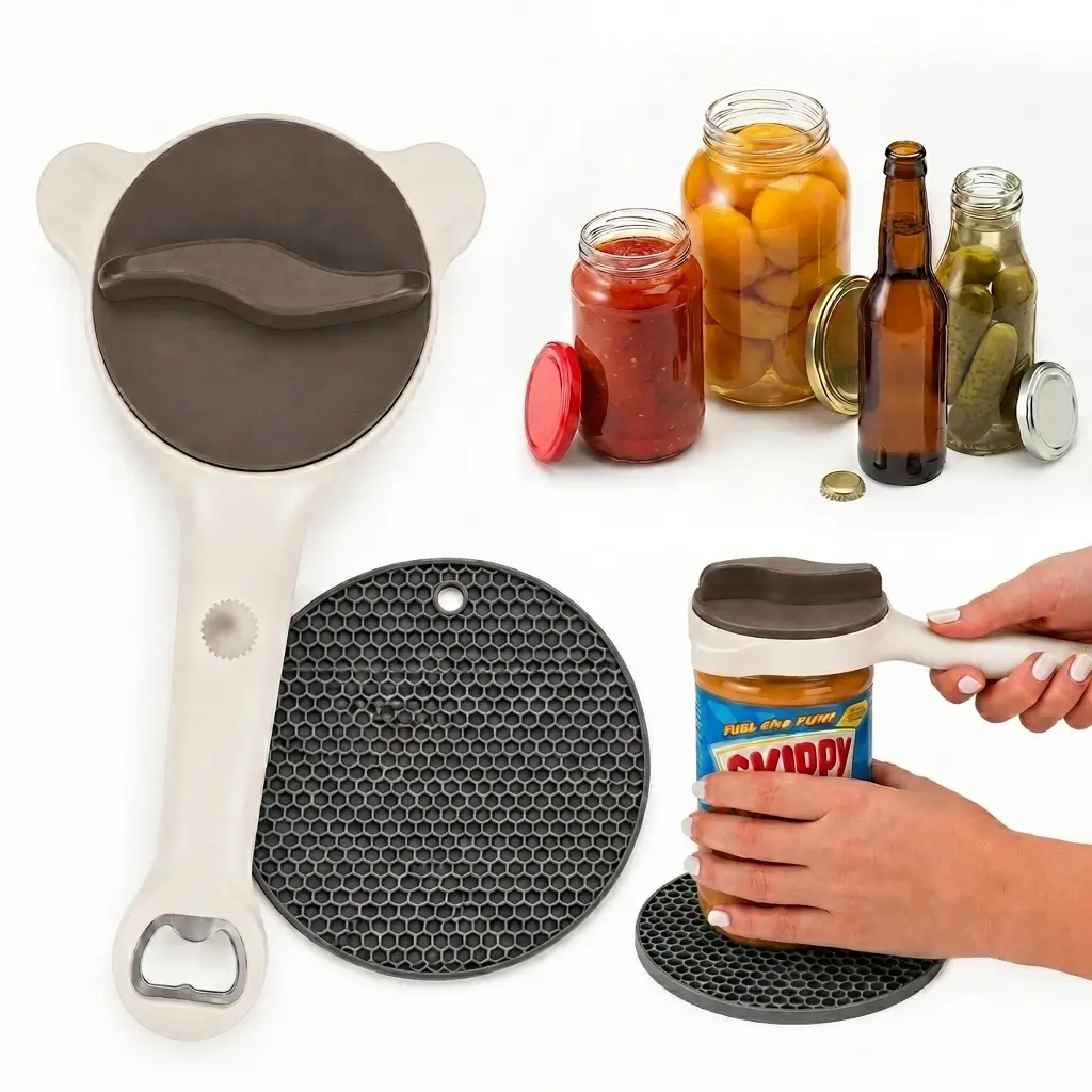 Multi-Function 4-in-1 Kitchen Utensils Combo Opener - Adjustable, Non-Slip Pad Equipped, Dishwasher Safe for Seniors, Left-Handed Users & Kids (Ideal for Jars, Cans, Bottles), Can Openers