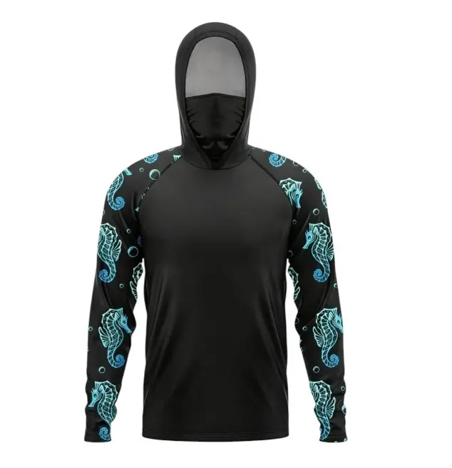 Hooded Performance Fishing Shirt With Built-In Face Mask, UPF50 Sun Protection Long Sleeve, Quick Dry Breathable Camo Fishing Top For Men Outdoor Sea Fishing