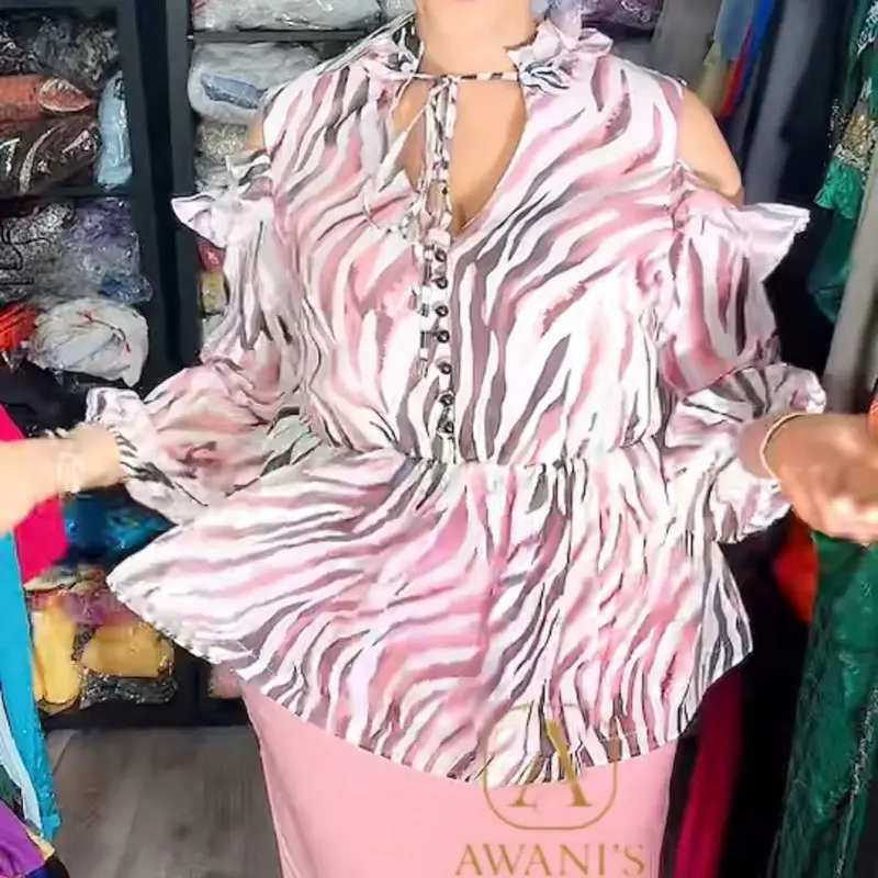 Awani's PINK ZEBRA OUTFIT - Stylish Cold Shoulder Top with Ruffle Details and Unique Zebra Print for Women